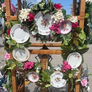 Floral China Plate Wreath Garland with Pink & Green Accents